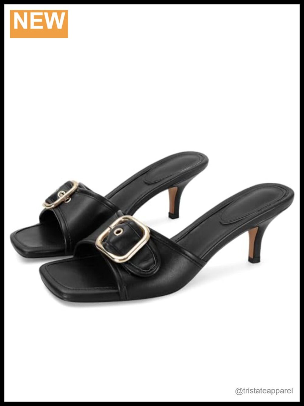 Kitten Heel Sandals Square Open Toe Vegan Leather Slides Mule